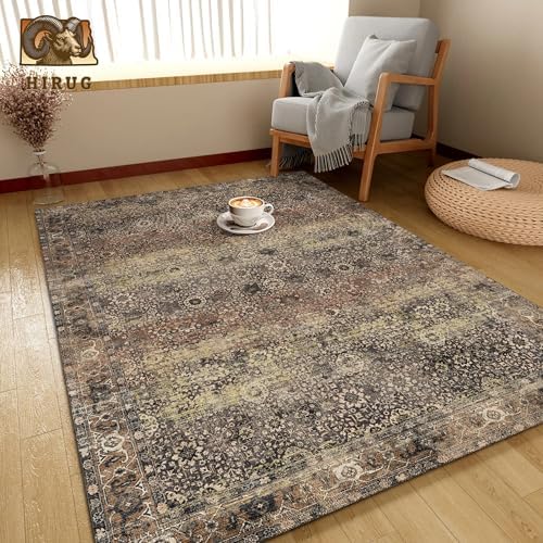 Washable Area Rug 9' x 12' Vintage Traditional Persian Mat - Foldable Distressed Non-Slip Machine Washable Carpet for Living Room Bedroom Kitchen Home Decor - Umber and Slate