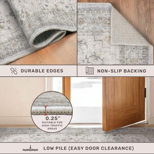 Boho Large 3x4 Bathroom Rug - Washable Low Pile Non-Slip Area Rugs for Entryway, Kitchen, Bedroom Beside Bed, Modern Vintage Neutral Light Gray & Sage Geometric Floral Decor