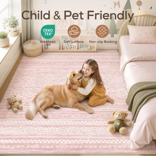 Nakagishi Boho 9x12 Area Rug Living Room Rugs Machine Washable Pink