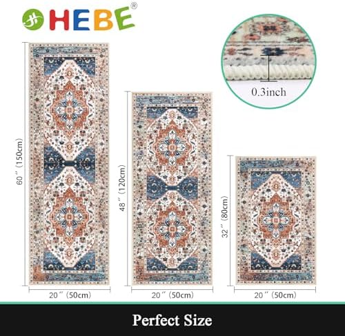 HEBE Boho Kitchen Rugs Set of 3, Non Slip Washable Kitchen Mats for Floor