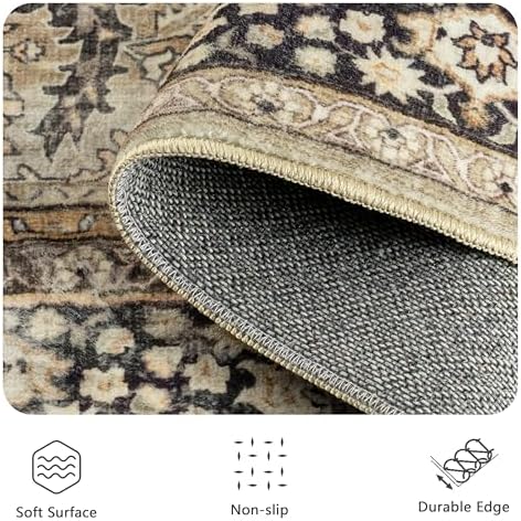 9x12 Area Rugs for Living Room - Washable Vintage Retro Large Rug, Soft Ultra Thin Non Slip Low Pile Traditional Distressed Boho Carpet for Bedroom Dining Room Home Office, Charcoal Olive