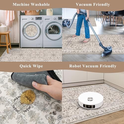 3x5 Kitchen Rug Washable Non-Slip, Beige Modern Boho Indoor Small Area Rugs for Entryway Bedroom Living Room, Soft Low-Pile Thin Door Mat