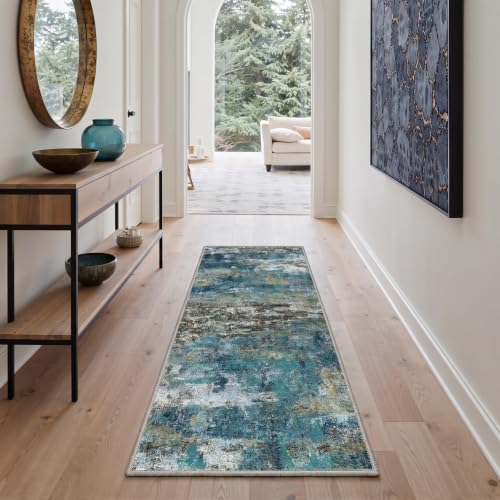 BEIMO 2x7 Faded Teal Abstract Runner Rug, Washable Non-Slip for Hallway