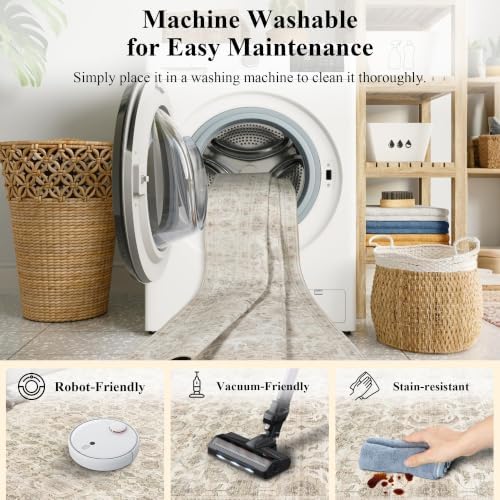 JOOJA 2x3 Beige Vintage Low Pile Non Slip Washable Boho Entryway Throw Rug
