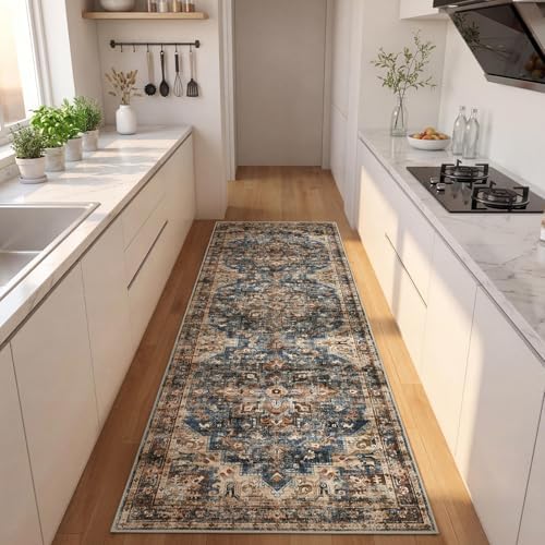 GarveeHome Washable Rug Runner 2x8 Vintage Runners for Hallways Blue&Brown