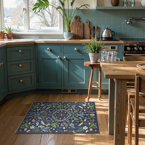Lahome Washable Insect Botanical 2x3 Area Rugs for Entryway - Machine Washable Non-Slip Kitchen Rugs, Navy Blue Boho Low Profile Soft Faux Wool Indoor Door Mat for Bathroom,Bedroom, Hallway