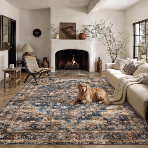 GarveeHome 10x13 Washable Vintage Living Room Blue&Brown Area Rug