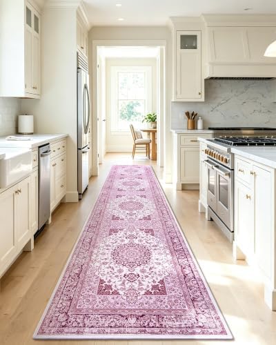 Macgace Washable Vintage Area Rug for Hallway, 2x10 Pink Runner Rugs