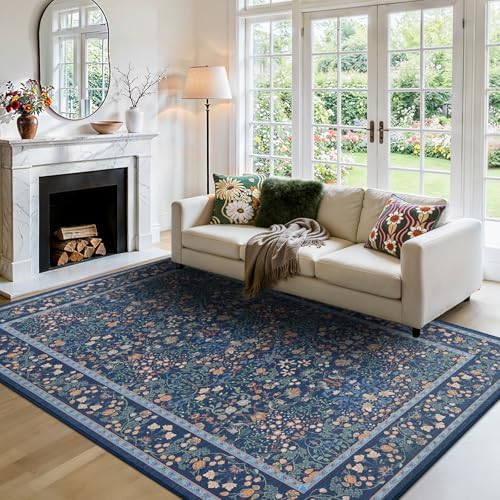 Amada Floral Washable Area Rug,6'x9',Dark Blue