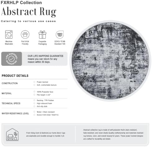 Round Area Rug Living Room: 5 ft Modern Washable Carpet Dark