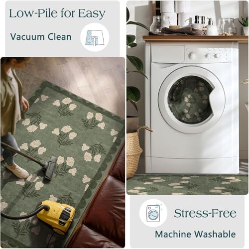 3x5 Floral Entry Rug - Small Washable Indoor Outdoor Mats for Front Door Non-Slip Spring Porch Rug Sage Green Farmhouse Throw Rugs for Living Room Bedroom Entryway Kitchen Office Porch Decor