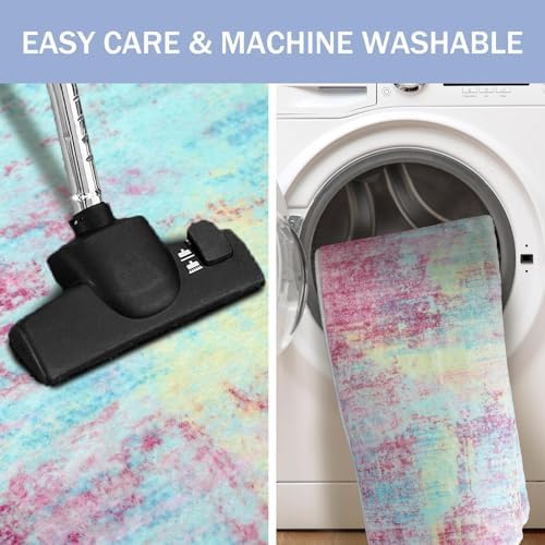 IOHOUZE Abstract Runner Rug 3x7 Ft Washable Runners for Hallways, Non Slip Kitchen Runner Printed Faux Wool Entryway Runner Indoor, Modern Abstract Floor Carpet for Hall Kitchen Bedroom, Pink Teal