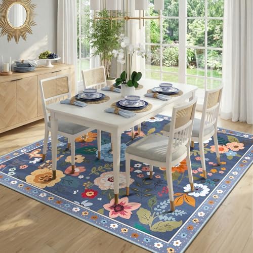 RELEANY Floral Washable Square 6ft Area Rug Blue/Grey
