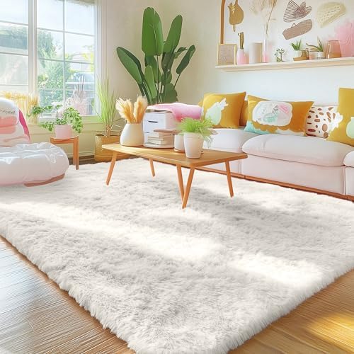 OLANLY 5x9 Machine Washable Large Area Rugs for Living Room, Bedroom, Soft Fluffy Shaggy Bedside Rug, Indoor Floor Carpet for Kids Girls and Boys, Dorms, Nursery, Home Decor Aesthetic, Ivory