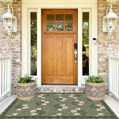 4x6 Covered Outdoor Patio Rug - Green Washable Front Porch Entry Rug Non-Slip Door Mat Indoor Outside Entrance Vintage Floral Scalloped Area Rug for Living Room Entryway Backyard Porch Decor