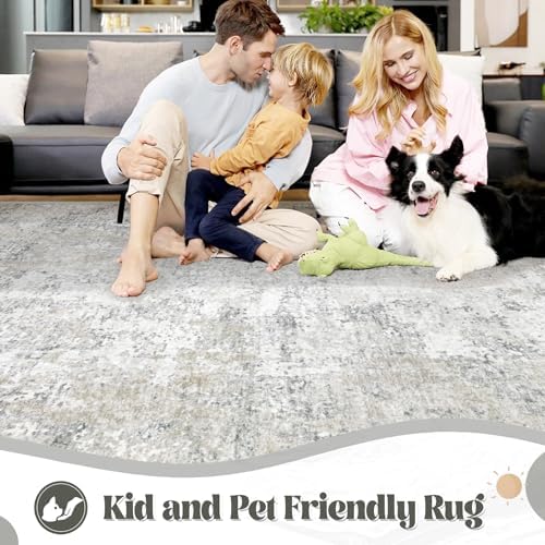 XLUEZ 9x12 Area Rug for Living Room, Washable Modern Abstract Large Area Rug Neutral Soft Non Slip Kids Rug Stain Resistant Indoor Carpet for Bedroom Dining Room Playroom Office(BeigeGrey, 9'x12')
