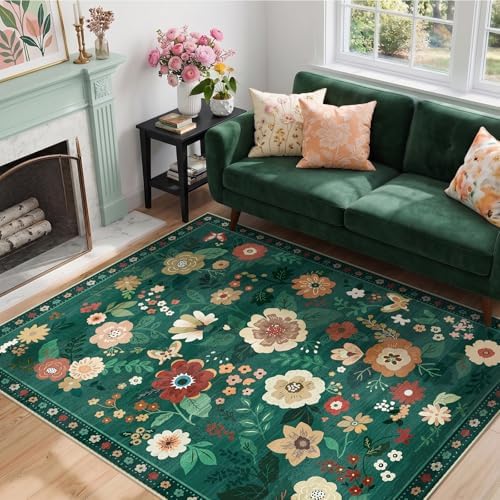 RELEANY Floral Washable 3x5 Area Rugs DarkGreen