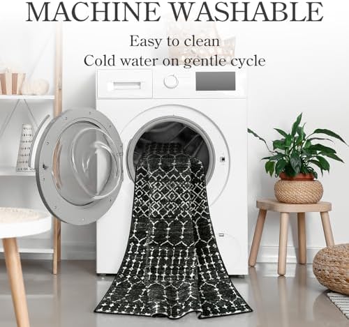 Lahome Moroccan Black Washable Runner 2x5 Non-Slip Lightweight Laundry Room Rug Throw Soft Long Bathroom Rug, Geometric Print Carpet Runners for Kitchen Hallway (Black, 2'x5'') Hana