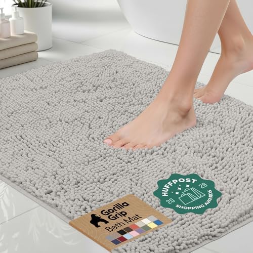 GORILLA GRIP Bath Rug Mat for Bathroom, Absorbent Chenille 54x24 Light Gray