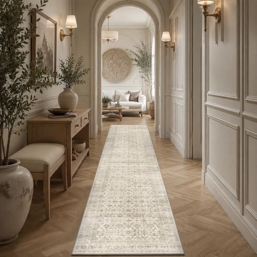 JOOJA 2x10 Neutral Beige Soft Low Pile Non Slip Machine Washable Runner Rug