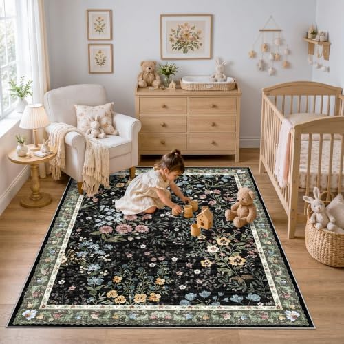 5x6 Washable Entryway Area Rug: Non Slip Floral Washable Entry Rug Living Room Area Rug for Indoor Floor Kitchen Bedroom - Soft Thin Door Mat Carpet Boho Vintage Home Decor (5'x6', Black)