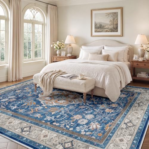 SameBed 8x10 Area Rug Living Room, Vintage Washable Carpet Blue