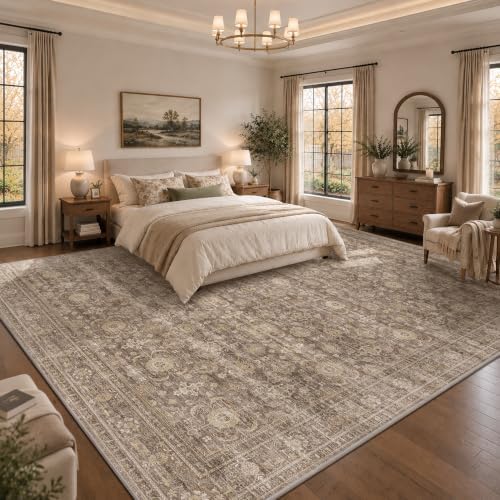 JOOJA 10x12 Neutral Tan Vintage Moody Non Slip Washable Boho Retro Area Rug