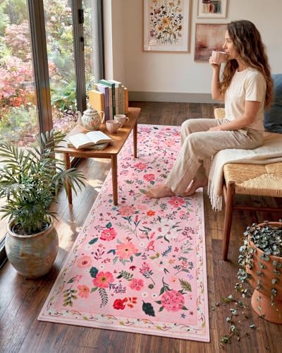 Macgace Floral Area Rug for Kitchen, Washable 2x6 Pink Runner Rugs