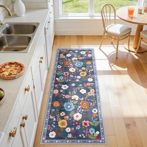 Floral Washable 2x5 Area Rugs Runner Entryway Hallway Blue/Grey