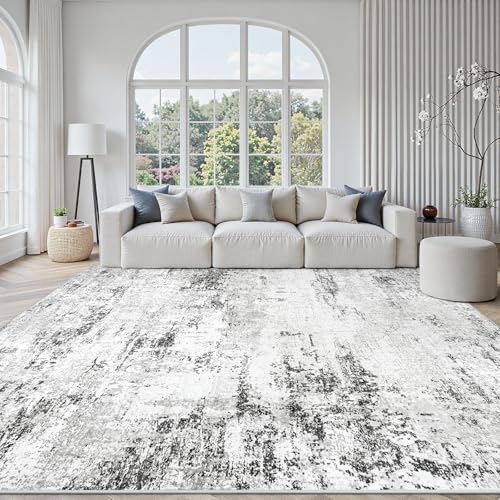 10x14 Area Rugs for Living Room Washable Abstract Rug White Grey Black