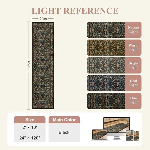 DUKINO 2x10 Runner Rug, Washable Vintage Floral Kitchen Rug, Black
