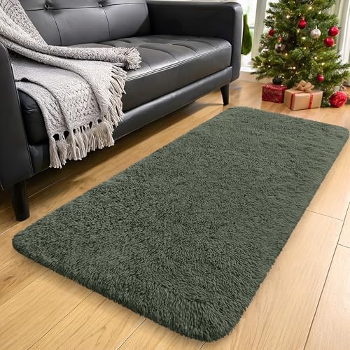 OLANLY 2x4 Machine Washable Runner Rugs for Hallway, Soft Fluffy Shaggy Bedside Rugs for Bedroom, Living Room, Indoor Floor Carpet for Kids Girls and Boys, Home Decor Aesthetic, Olive Green