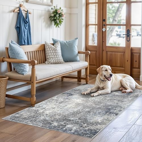 3x4 Washable Entryway Rug – Non-Slip Modern Abstract Small Area Rug for Kitchen, Bedroom, Bathroom – Soft Low-Pile Thin Indoor Door Mat （Blue Grey,3x4）
