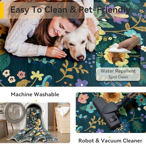 RELEANY Floral Washable 5x7 Area Rugs Teal/Purple