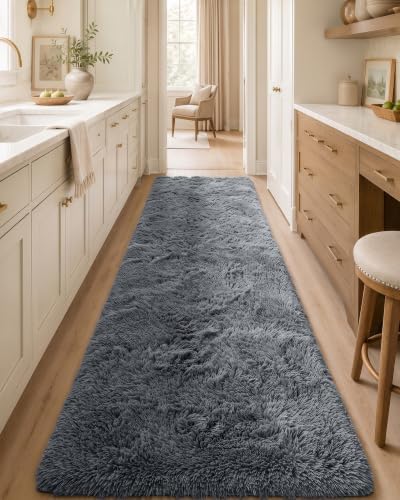 OLANLY 2x7 Machine Washable Runner Rugs for Hallway, Soft Fluffy Shaggy Bedside Rugs for Bedroom, Living Room, Indoor Floor Carpet for Kids Girls and Boys, Nursery Rooms, Home Decor Aesthetic, Grey