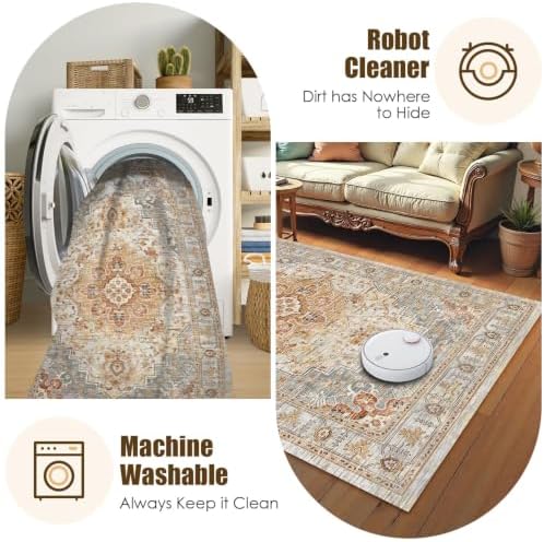Washable Area Rug 9' x 12' Vintage Traditional Persian Mat - Foldable Distressed Non-Slip Machine Washable Carpet for Living Room Bedroom Kitchen Home Decor - Dove Gray and Coral