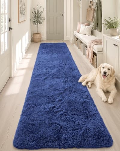 OLANLY 2x8 Machine Washable Runner Rugs for Hallway, Soft Fluffy Shaggy Bedside Rugs for Bedroom, Living Room, Indoor Floor Carpet for Kids Girls Boys, Nursery Rooms, Home Decor Aesthetic, Navy Blue