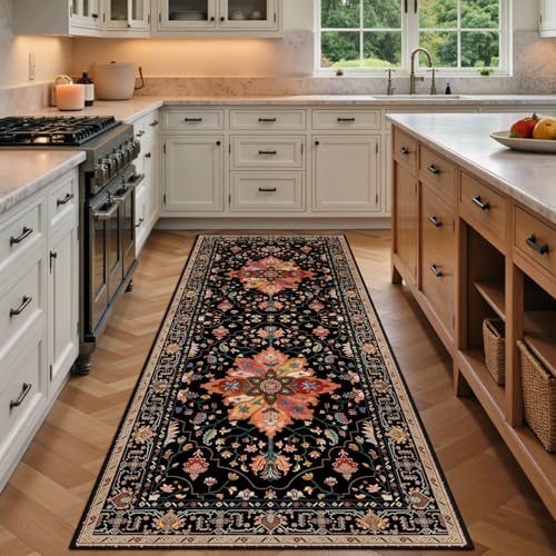 RELEANY Washable Area Rug, Runner 3'x8', Black/Colorful