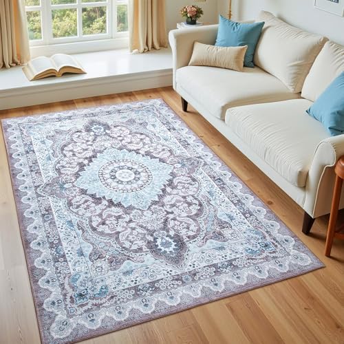 Macgace Washable Vintage Small Area Rug for Bedroom, 3x5 Rugs Blue & Brown