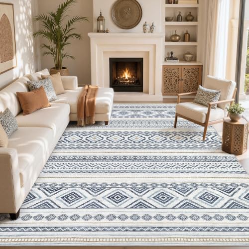 cotiled 10x13 Area Rugs Washable Boho Living Room Rug Blue