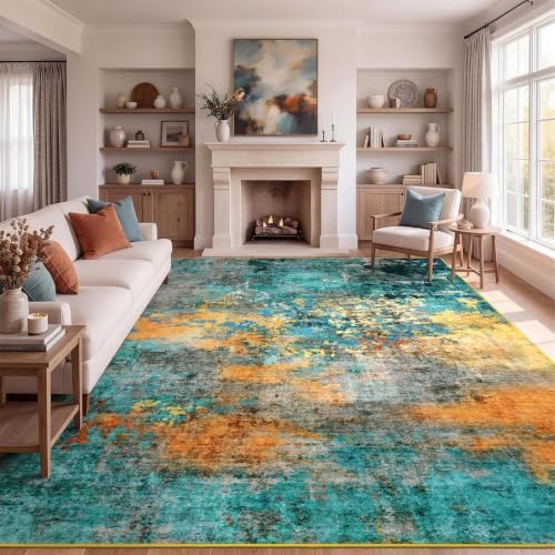 8x10 Area Rug for Living Room, Abstract Washable Large Rugs, Teal/Orange