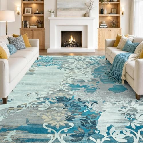 8x10 Washable Non-Slip Area Rug for Living Room (Blue)