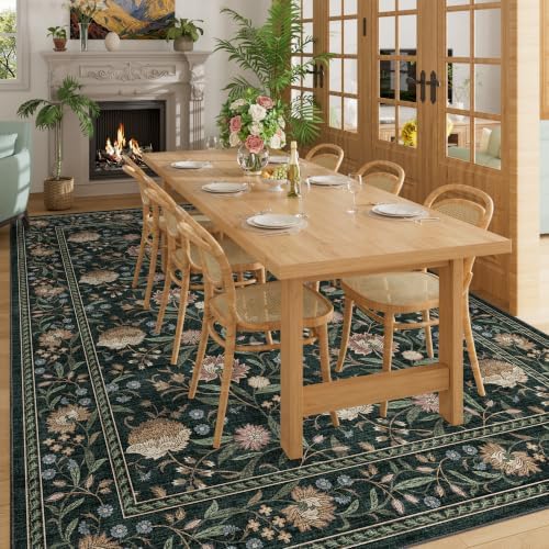 DUKINO 9x12 Area Rug for Living Room Vintage Floral Washable Rug Dark Green