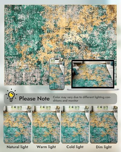 9x12 Area Rug for Living Room - Washable Rugs Modern Abstract Neutral Soft Rug for Bedroom Dining Room No Slip Low Pile Carpet for Nursery Home Office - Teal/Orange
