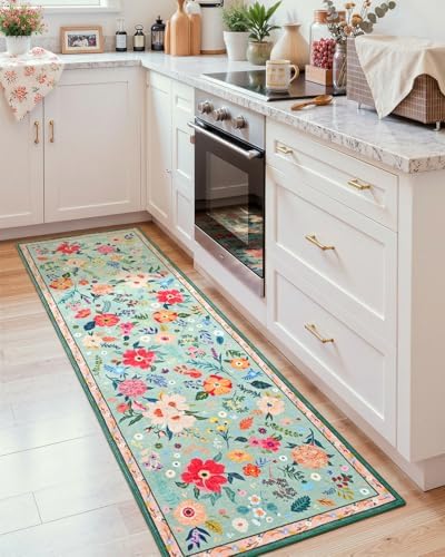 Macgace Floral Area Rug for Kitchen, Washable 2x6 Light Green Runner Rugs