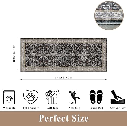 3x8 Hallway Runner Rug Washable Non-Slip – Boho Floral Soft Wide Carpet Runner for Kitchen Entryway Bathroom Bedroom – Low-Pile Thin Floor Mat with Rubber Backing (Black,3x8)