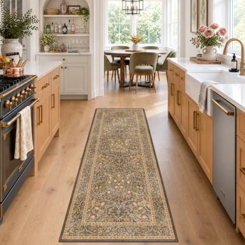 Brown 2'6" x 8' Runners for Hallways Non Slip, Long Rug Runner for Kitchen, Entryway Indoor, Washable Rubber Backing Stain Resistant - Soft Boho Vintage Gold Brown Floral Décor