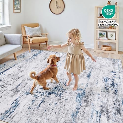 6x9 Area Rugs for Living Room Large Washable Abstract Rug White Gray Blue
