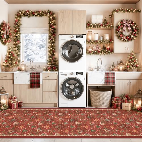 Christmas 3x10 Runner Rugs for Hallway, Red Non Slip Washable Kitchen Rug
