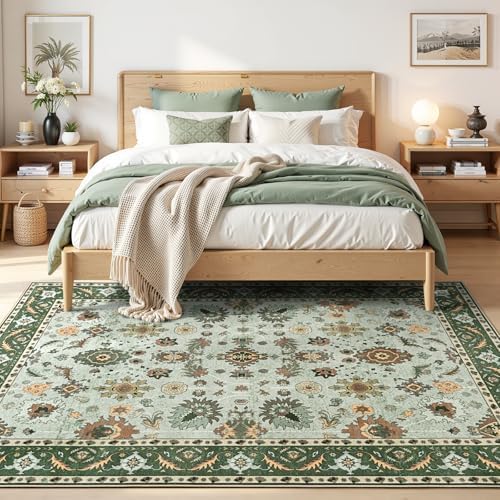 Hanples 5x7 Area Rugs for Living Room, Washable Rug Vintage Floral, Green